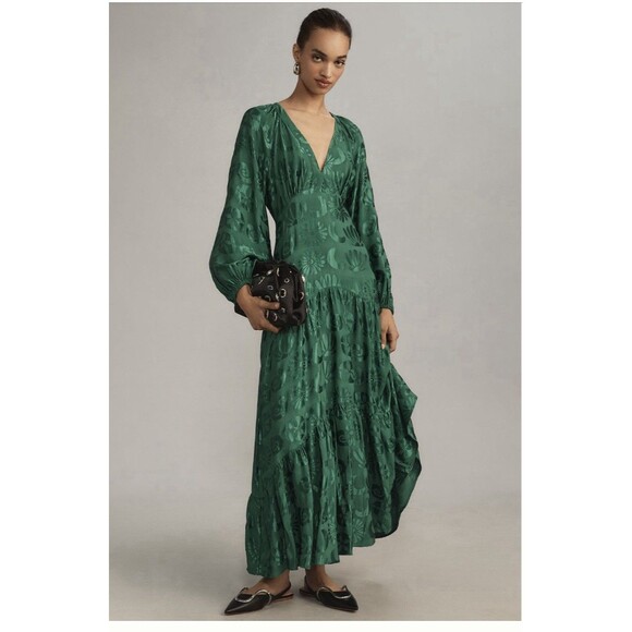Anthropologie Farm Rio Maxi Dress Red, Long-Sleeve, V-Neck, Jacquard, XSP - Picture 1 of 9